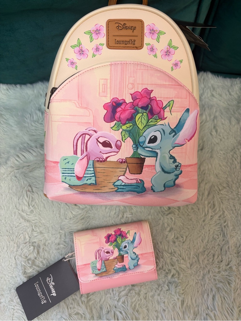 Loungefly Pink Stitch & Angel Floral Mini Backpack and Wallet Set